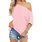 LEEDYA Off The Shoulder Tops for Women Summer Short Sleeve Oversized Shirts Casual Loose Batwing Tunic Top Fashion Clothes