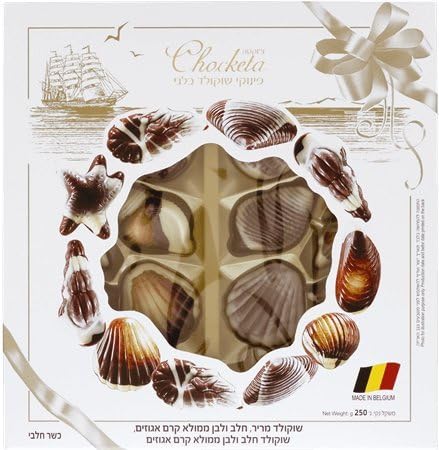 Honey Land Kosher Passover 20 Piece Belgian Sea Shell Chocolate Shaped White Milk Dark Chocolates with Soft Center Hazelnut Praline Filling, Bon Bon Fondant Truffles Gift Box Stocking Stuffer