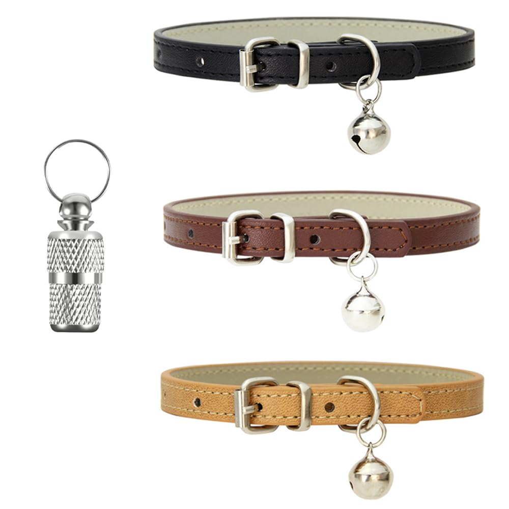 XFentech 3 Pack PU Cat Collars with Bell Polished Durable Metal Buckle Soft and Adjustable for Cats Puppy Small Medium Dogs, Khaki, Brown, Black