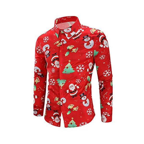KFSO Men's Christmas Snowflakes Santa Slim Fit Long Sleeve Floral Shirt Casual Button Down Dress Shirts (Red, L)