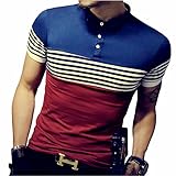 LOGEEYAR Mens Summer Slim Fit Contrast Color Stitching Stripe Short Sleeve Polo Casual T-Shirts (Small, 508-red)