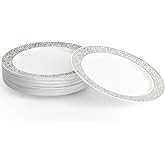 MATANA 20 Reusable 10.25 Inch Sliver Plastic Party Plates White Silver Lace Trim - Premium Heavy Duty Dinner Plates, Elegant Fancy Plastic Plates for Wedding Receptions, Bridal Shower, Birthday, Event