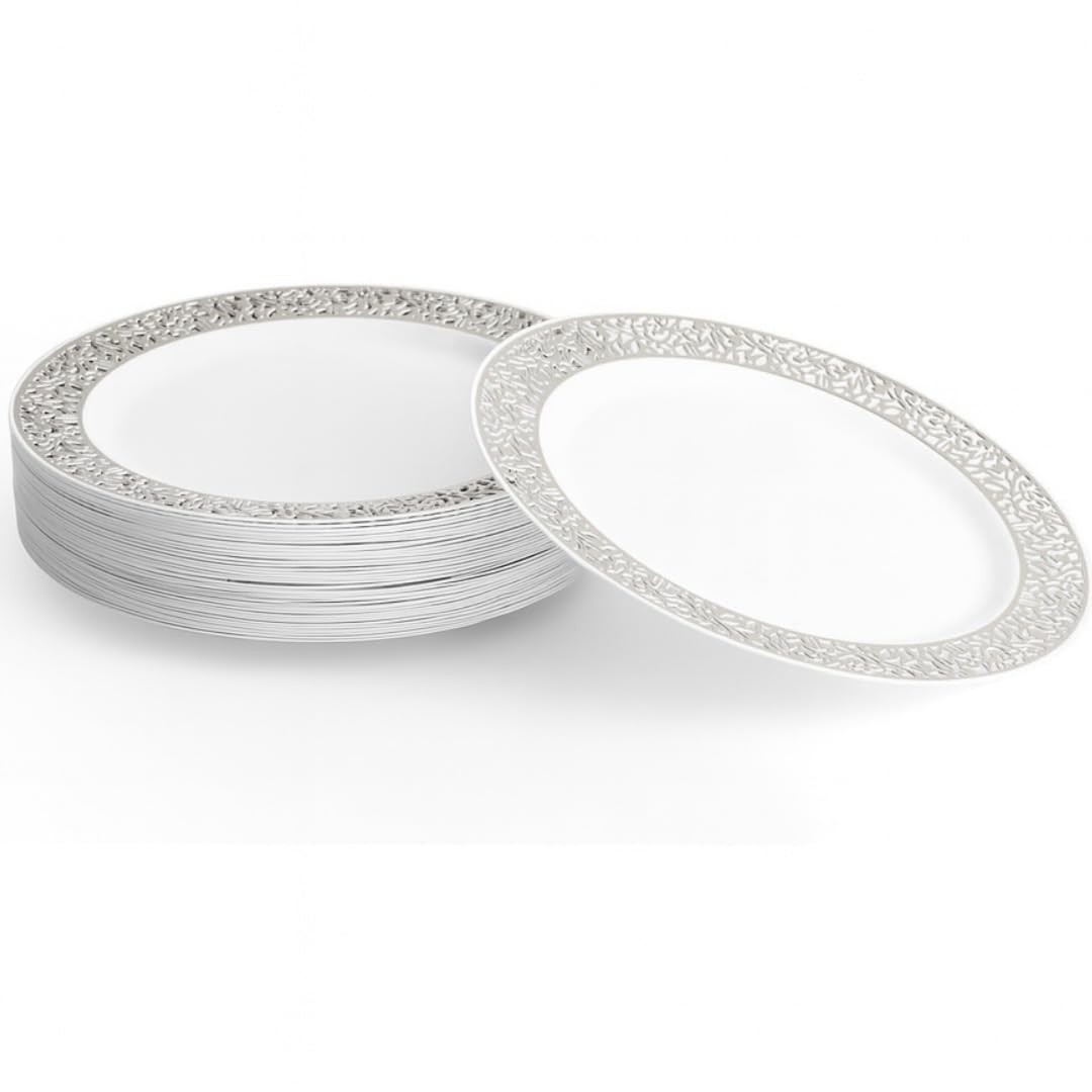 MATANA 20 Premium White Plastic Dinner Plates with Silver Lace Rim, 26cm / 10 Inch - Elegant & Reusable Party Tableware for Weddings, Birthdays, Picnic, BBQ, Parties