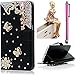 iPhone 6S Plus/6 Plus 5.5 inch Case,Vandot 3in1 Set Premium 3D Bling Diamond Flower Butterfly Wallet Case With Card Slots PU leather Magnetic Flip Stand Skin Cover+Girl Anti Dust Plug+Stylus Pen,Black