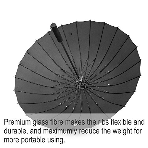 Becko Manual Open & Close Umbrella Long Umbrella with 24 Ribs, Durable and Strong Enough for the Wind and Rain, Easy to Carry on Your Back By Its Own Bag (Black) - Thumbnail 3
