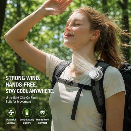 TFQXA1Z Ultra-Quiet Bladeless Clip-On Fan, 360° Rotatable Personal Fan with Digital Display, 5-Speed Rechargeable Mini Fan for Home, Office, School, Summer Gift (White)