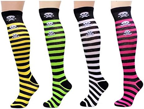 Ladies Cute Colorful Design Knee High Socks Assorted 4-Pack (09-11, Skull Stripe)