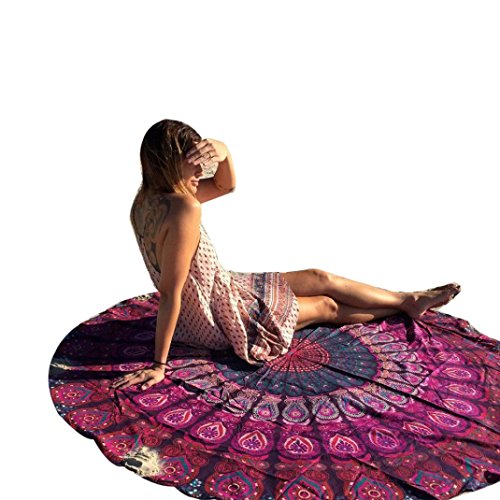 Usstore Round Hippie Tapestry Beach Throw Pool Home Beach Cover Up Bikini Boho Dress Swimwear Bathing Suit Kimono Tunic Round Yoga Mat Tassel Fringing (A) - Thumbnail 2