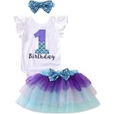 vivifayee Baby Girls 1st First Birthday Outfits Cotton Romper TuTu Skirt Set with Sequins Bowknot Headband 3Pcs
