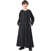 IDOPIP Muslim Thobe for Boys Kids Long Sleeve Islamic Arabic Kaftan Robe Middle East Dubai Prayer Dress Clothes with Pockets