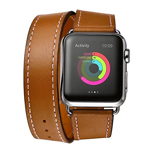 Paddsun FOR Leather Double Tour Apple Watch Band with Adapter Clasp, 38mm, Brown