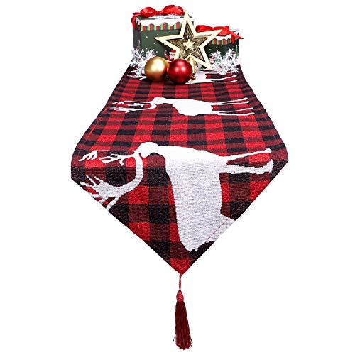 SIBOSUN Table Runner 14 X 74 Inch Christmas Elk Reindeer Deer Red & Black Buffalo Plaid Table Decorations