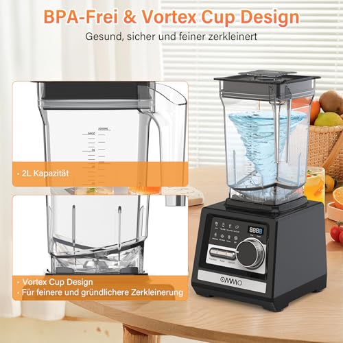 OMMO 2L Professional Blender, 1800W Smoothie Blender with 9 Speed Controllers for Breaking Ice, Milkshake, Frozen Drinks and Fruits, Dishwasher Safe, BPA Free