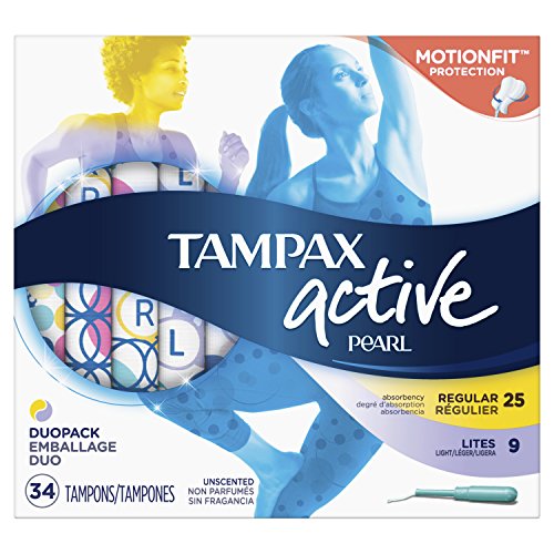 Tampax Pearl Active Plastic Tampons, Duo Pack, Light/Regular Absorbency, Unscented, 34 Count - Pack of 6 (204 Total Count) (Packaging May Vary)