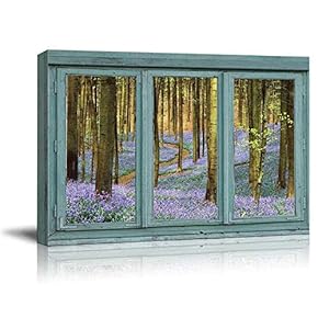 Vintage Teal Window Looking Out Into a Purple Field Forest