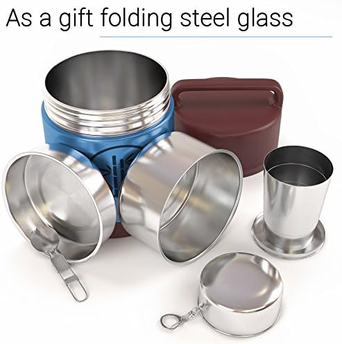 Premium Insulated Lunch Box Jar SET with Spoon & Stainless Steel Collapsible Cup Included. Big 3.38 pints Jar with 240ml Cup. Leak proof, Durable in BLUE Color. For Work, School, Travel, Outdoors
