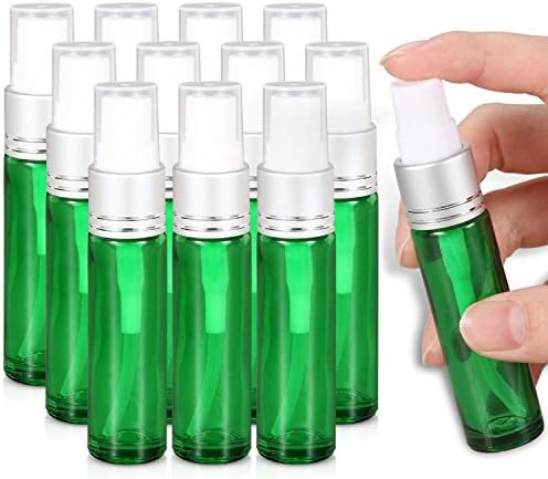 Olilia Glass Spray Bottles with Silver Fine Mist Sprayer 12 Pack of 10ml (1/3oz) - Refillable Empty Bottles Perfect for Essential Oils (Green)