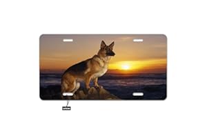 Lefolen German Shepherd Dog Sunset Car Front License Plate Animal Pet Dog Sunrise Sky Mountain Landscape Decorate License Plates Cover 6" X 12" Tag Novelty Vanity Metal Plate Covers Aluminum