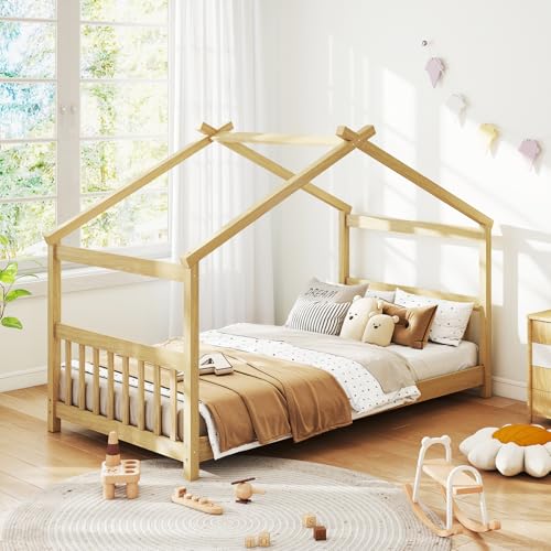 GORELAX Twin Bed Frame, Low Floor Kid House Bed with Roof, Montessori Floor Bed, Headboard & Footboard, No Box Spring Needed, Wood Twin Size Platform Bed Frame for Boys, Girls (Natural, Twin)