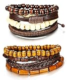FIBO STEEL 8-15 Pcs Leather Bracelets for Men Women Wooden Bead Bracelet Cuff Elastic