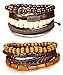 FIBO STEEL 8 Pcs Wooden Beaded Bracelets for Men Women Leather Cuff Bracelet Elastic 7-8.5inches Adjustable