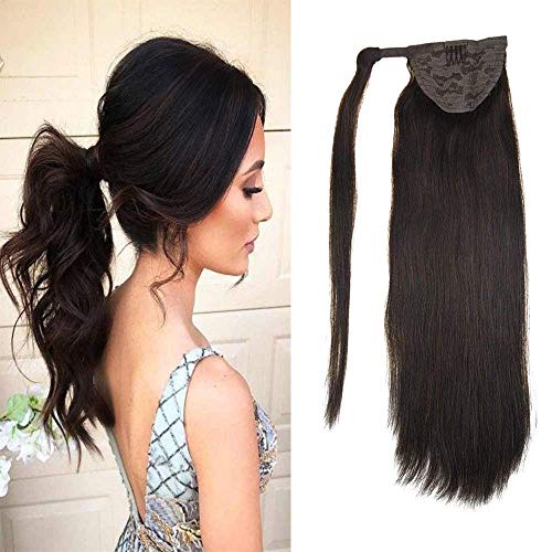 LaaVoo 12" Hairpiece Ponytail Clip on Extension Long Smooth Human Hair For Short Hair Colorful Darkest Brown Straight Wrap Ponytail Extension For Women 80g (#2)