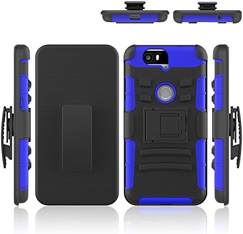 Nexus 6P Case, Shock Absorbing 3 in 1 Holster Case with Kick Stand and Belt Clip, Osurce Full Protection Heavy Duty Hybrid Case Cover for Nexus 6P / Huawei Nexus 6P (Black + Navy Blue)