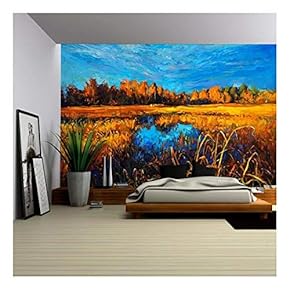 Oil Painting of Trees and Lake on Canvas.Modern Impressionism - Removable Wall Mural | Self-Adhesive Large Wallpaper - 66x96 inches