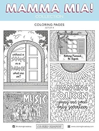 Download Mamma Mia Coloring Pages Hand Drawn Illustrations By Coloring Broadway Printed On Matte Card Stock 8 1 2 X 11 Set Of 4 Individual Designs Amazon In Office Products