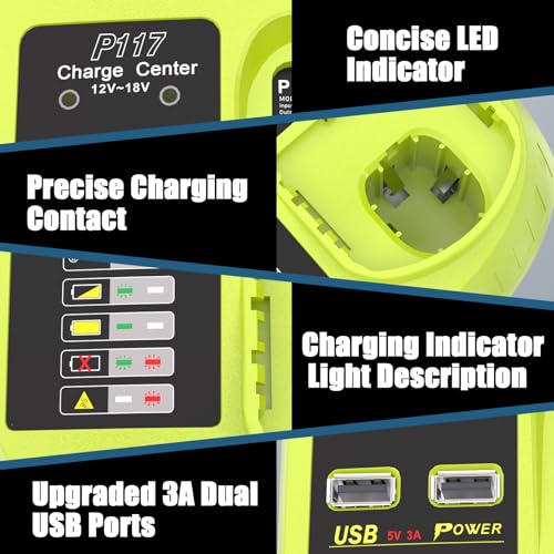 2PCS 18V 5.5Ah P108 Replacement Battery for Ryobi + P117 Charger BCL14181H, for Ryobi One+ Battery RB18L50 RB18L25 RB18L40 RB18L20 RB18L15 RB18L13 P104 P105 P106 P107 P108 (2 Batteries+Charger)