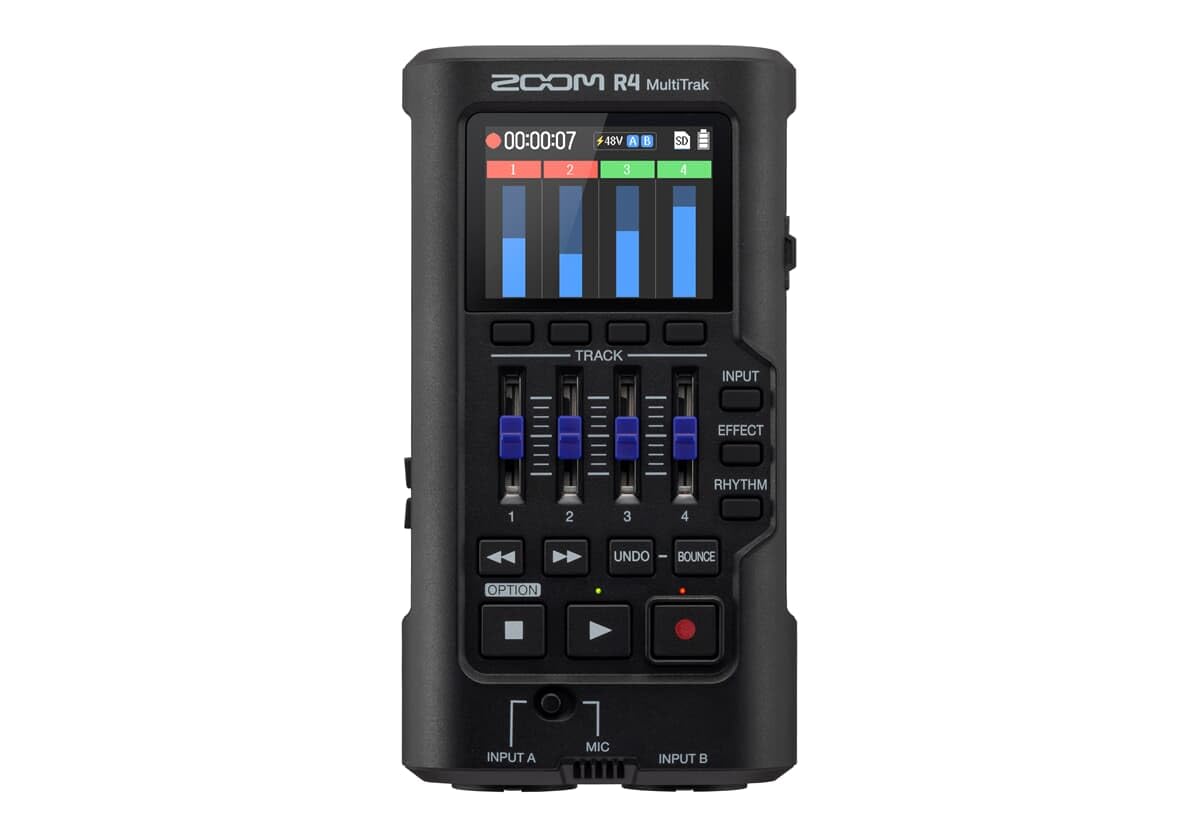 ZOOM R4 MultiTrak mobile 4-track recorder and compact audio studio for musicians and songwriters, 32-bit float audio, 2 XLR/TS combo inputs, effects, rhythm section