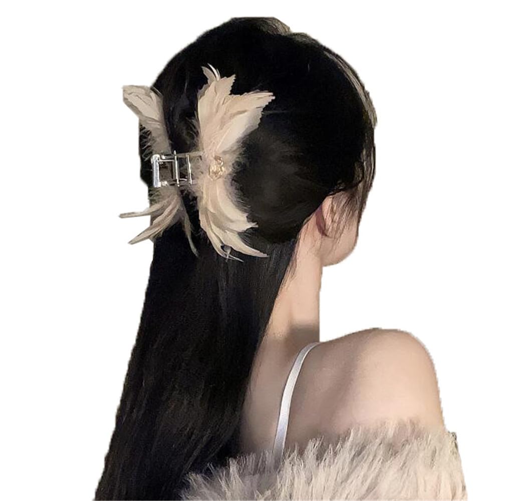 GaoBaoZhu Feather Shark Clip - Gentle Temperament Feather Grab Clip for Girls - Korean Accessories Hairpin Decoration