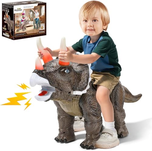 Dinosaur Ride On Toy Car for Kids - Triceratops with Roar Sound & Light Up Horns, Safe Pull String & Comfortable Seat, Indoor Outdoor Walking Trainer, Ideal Birthday Christmas Gift for Toddlers