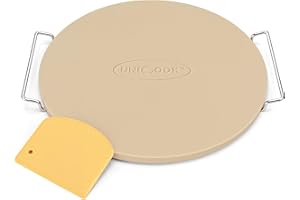 Unicook Round Pizza Stone for Oven and Grill 16 Inch, Oven Baking Stone for Bread, Cordierite Pizza Pan for Baking Crispy Bread and Cookies, Includes Carry Rack and Dough Scraper