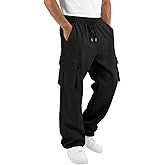 Runcati Mens Cargo Pants Hiking Athletic Joggers Sweatpants Elastic Waist Drawstring Casual Trousers with Multi Pockets