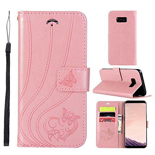 UNEXTATI Galaxy S8 Plus Stand Magnetic Flip Cover Card Holders & Hand Strap Wallet Case with Kickstand for Samsung Galaxy S8 Plus (Rose Gold)