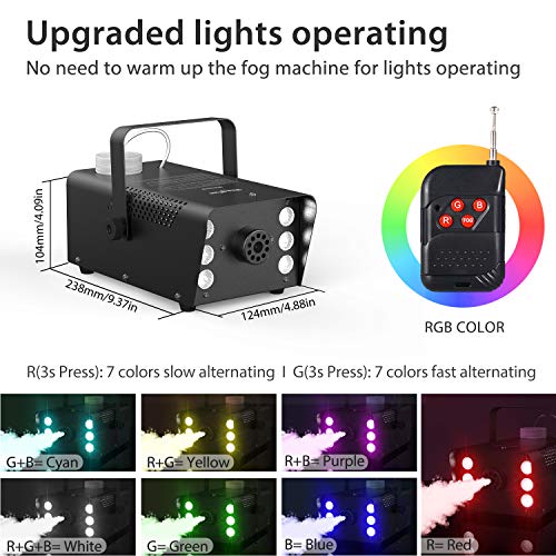 Theefun Upgraded 500W Halloween Fog Machine with Lights - 6 Stage LED Lights with 7 Colors & Strobe Effect for Party Wedding Holiday, Portable Wireless Remote Control Smoke Machine