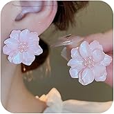 Dainty Cute White Flower Pearl Stud Earrings for Women Statement, Delicate Camellia Shell Floral Pearl Beads Earring Vintage Party Birthday Jewelry Gift