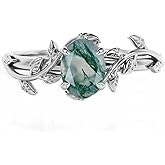 Aihpos Natural Moss Agate Ring Genuine 925 Sterling Silver Oval Cut Green Agate Engagement Ring For Women Branch Statement Ring Promise Wedding Ring