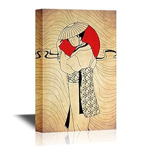 Japanese Culture Canvas Wall Art - Japanese Woman and The Red Sun - Gallery Wrap Modern Home Art | Ready to Hang - 12x18 inches