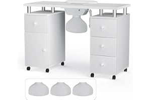 Charmmade Professional Nail Table Manicure Table Nail Station Nail Desk for Nail Tech Table, Dust Collector, Lockable Wheels, Storage Drawers and Cabinet, Wrist Cushion, 3 Dust Bags, White