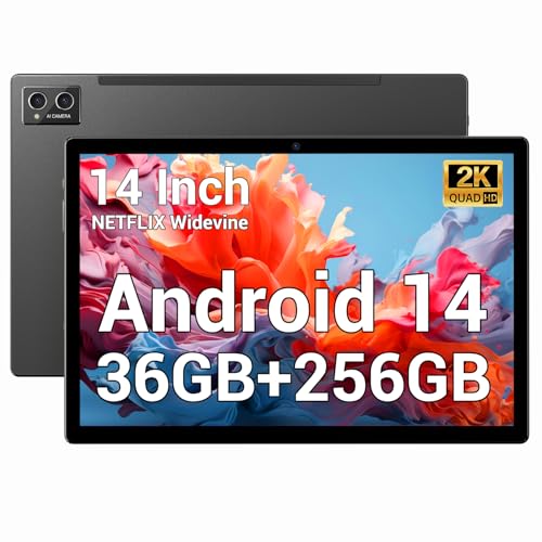 POWMUS Tablets 2025 14 inch Android 14 Tablet, 36GB RAM, 256GB Storage(Expand to 1TB), 2K Display, 8 Core CPU, 11580mAh Battery,4 Speakers, WiFi 5GHz Tablet with Pen Case-Black