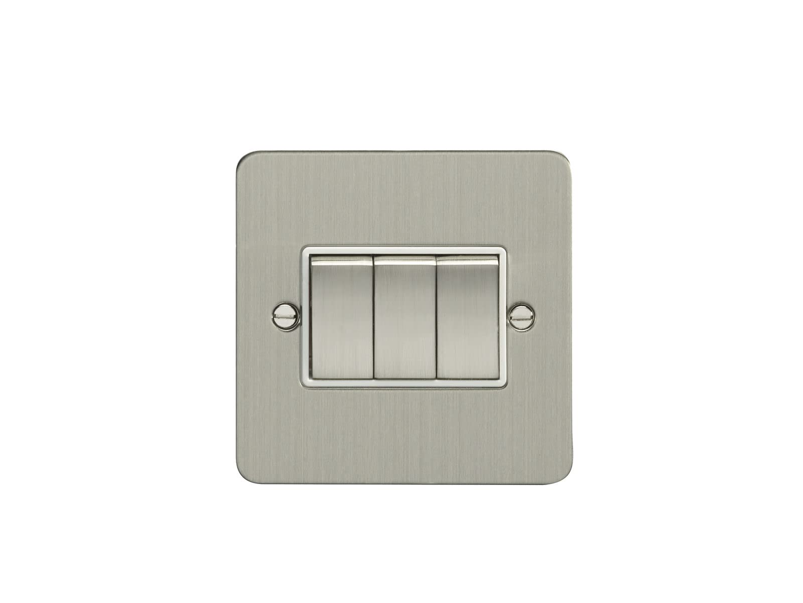 Eurolite 3 Gang 10Amp 2Way Switch Enhance Flat Satin Stainless Steel Plate Matching Rockers White Trim