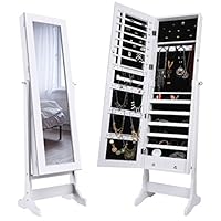 LANGRIA Mirrored Jewelry Cabinet Organizer, Full Length Standing Jewelry Storage Armoire with 2 Drawers and 3 Adjustable Angle, White Finish