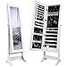 LANGRIA Mirrored Jewelry Cabinet Organizer, Full Length Standing Jewelry Storage Armoire with 2 Drawers and 3 Adjustable Angle, White Finish