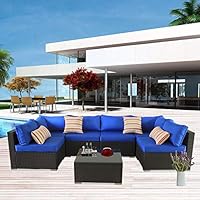 Patio Furniture Sofa Outside Couch PE Black Wicker 7pcs Garden Sectional Rattan Sofa Set Conversation Sets Party Sofa Royal Blue Cushion