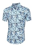 Allegra K Men Short Sleeve Single Breasted Floral Prints Shirts Light Blue L