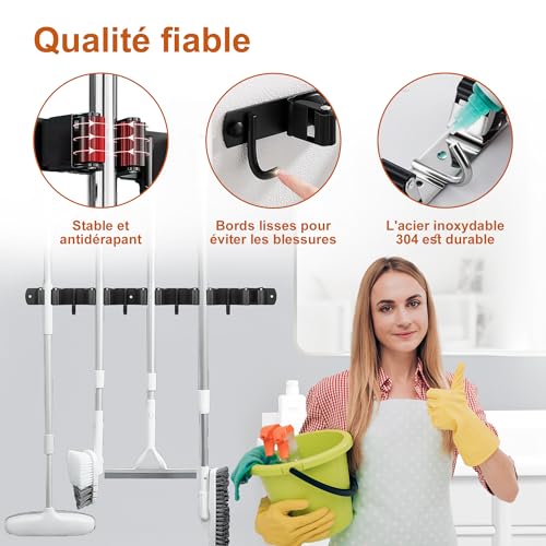OMerima Wall Mounted Broom Holder, Stainless Steel Broom Holder - 10 Brackets + 8 Hooks, Wall Mounted Broom Holder Without Drilling Black, Can Be Used in Kitchen, Bathroom, Garden, Garage (2 Pieces)