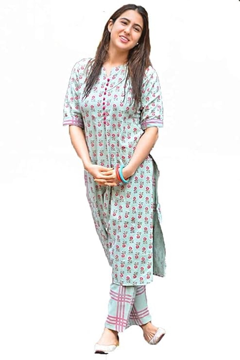 Women's Cotton Straight Kurta with Checkered Trouser