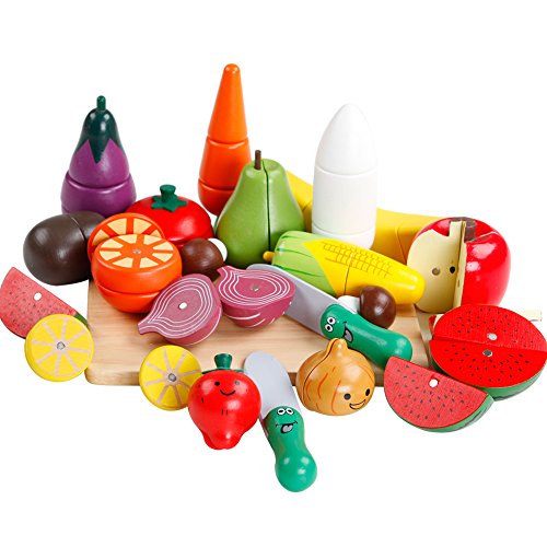 Wooden Cutting Cooking Toy With Magnetic Fruits Vegetables Pretend Food Playset Pretend Play Kitchen Set, Early Educational Development, Learning Gift For Boys Girls Toddler 2, 3, 4, 5, 6 Year Olds Ki